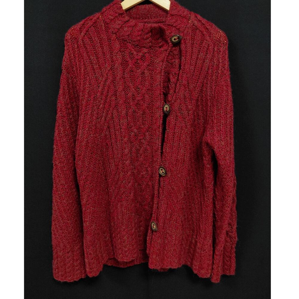 Vintage Icelandic Designs Wool Knit Cardigan Red Cable Knit Long Sleeve Size XL